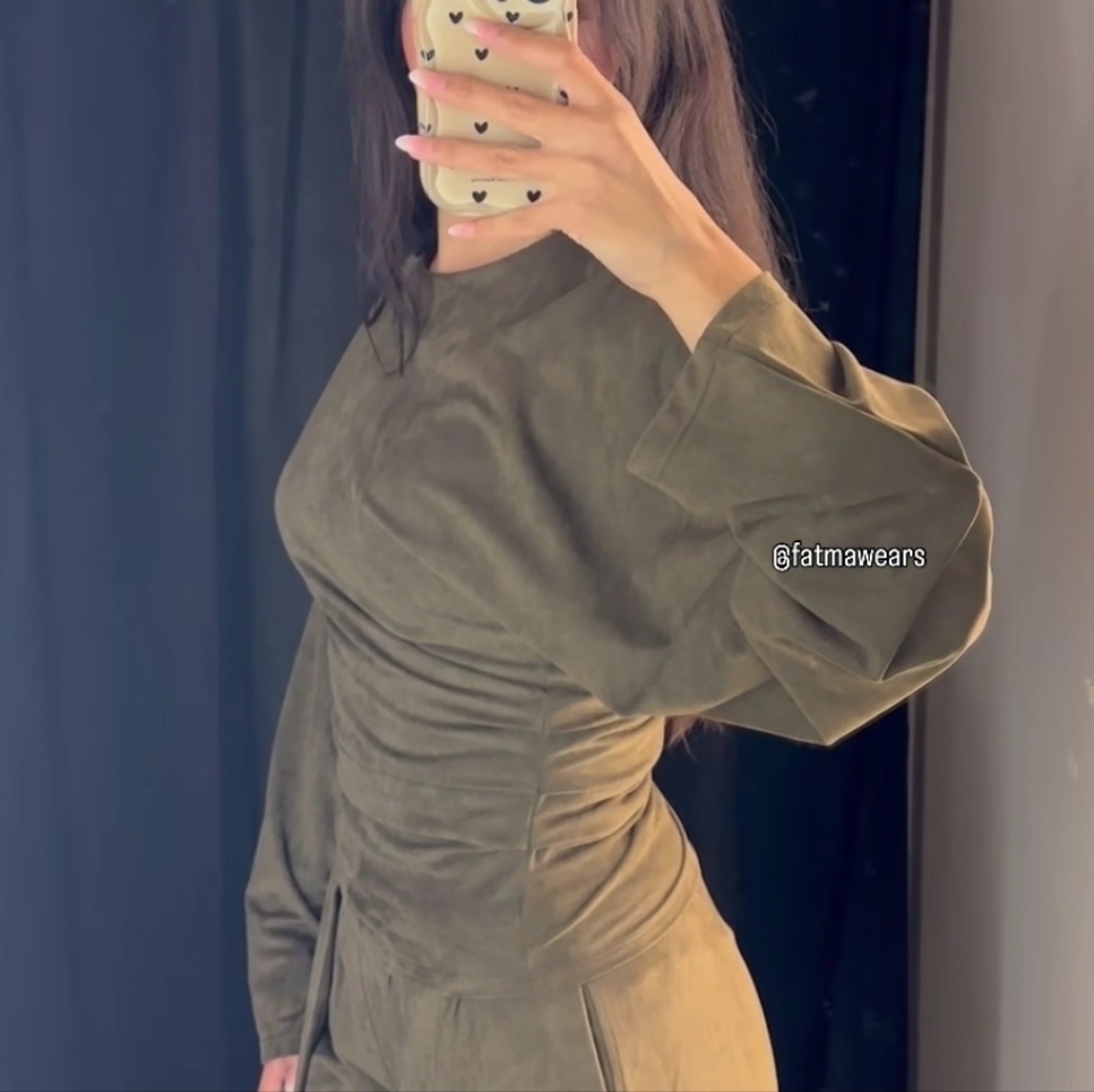 Zara Olive Green Brownish Suede-Look Long Sleeve Asymmetrical Top Medium